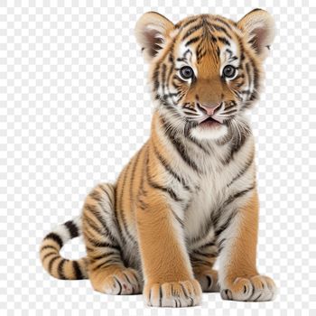 A high resolution transparent PNG image of a majestic big cat with striking orange and black stripes.