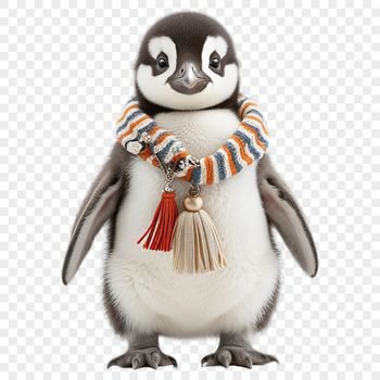 A small penguin chick standing on a rock, its feathers fluffed up.