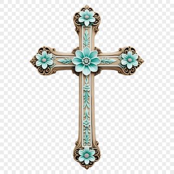 A free downloadable transparent PNG file featuring a detailed cross symbol commonly used in religious designs.