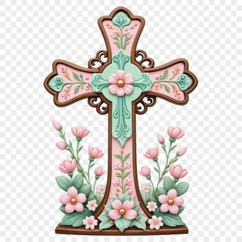 A transparent PNG image of a traditional cross with intricate details, suitable for various uses.