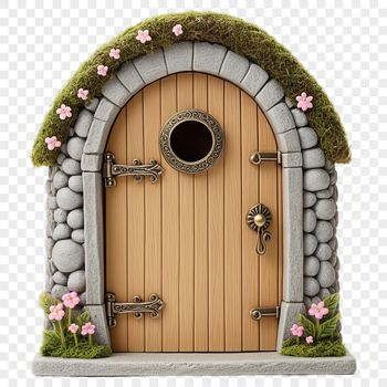 A high-resolution PNG image of a whimsical fairy door with a clear background, perfect for sublimation or print.
