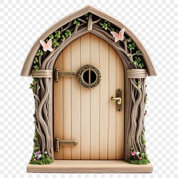 A transparent PNG image of a whimsical fairy door with a clear background, ideal for DIY projects or digital designs.