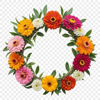 A high-resolution floral wreath made from various flowers and foliage on a transparent background.