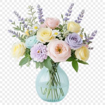 A bouquet of fresh flowers arranged in a decorative vase on a white background.