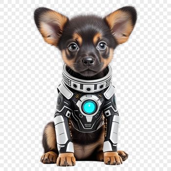 A small puppy sitting on a colorful background with a clear view of its fur and face.