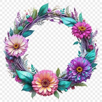 Floral wreath made up of various flowers and foliage on a clear background.