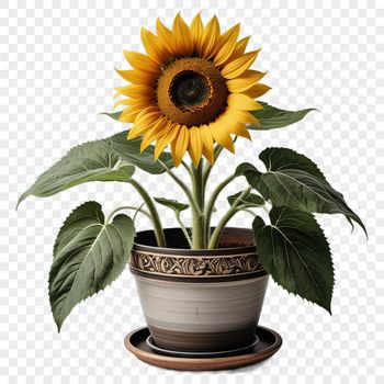 A high-resolution transparent PNG image of a single sunflower in a flower pot on a clear background.