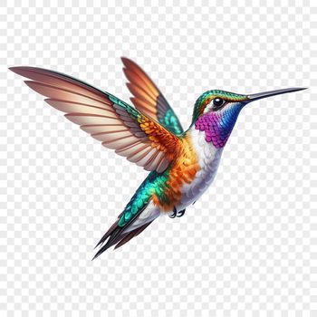 A close-up photo of a hummingbird perched on a branch, showcasing its iridescent feathers.
