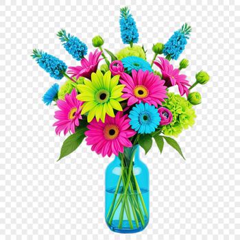 A bouquet of colorful flowers arranged in a decorative shape on a transparent background.
