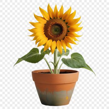 A single bright yellow sunflower standing upright in a small clay flower pot on a white background.