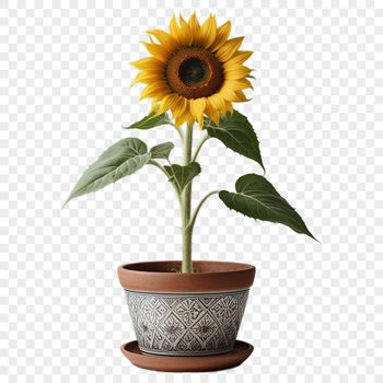 A large, high-resolution image of a single sunflower in a flower pot, suitable for commercial or personal use.