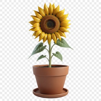 A high-resolution, transparent PNG image of a single sunflower in a flower pot on a clear background.