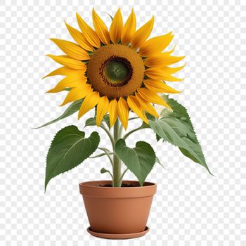 A close-up photo of a tall sunflower with bright yellow petals and dark center, set against a clear background.