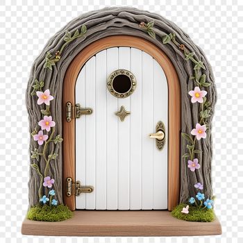 A whimsical fairy door with intricate details, suitable for commercial and personal use in various projects.