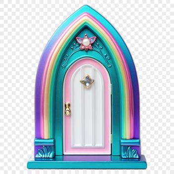 A small, ornate door with a rounded top and delicate details, set against a clear background.