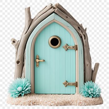 A whimsical illustration of a small fairy door with intricate details, set against a clear background.