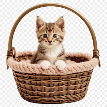 A small cat in a wicker basket, suitable for sublimation and personal use.