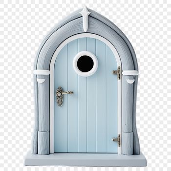 A small, transparent PNG image of a fairy door with intricate details and a clear background.