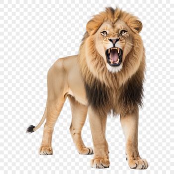 A high-resolution transparent PNG image of a majestic lion in a clear background.