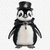 A small penguin chick stands on a rocky shore, with a clear blue background behind it.