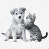 A digital illustration of a cute puppy holding a kitten in its paws.