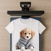 A playful puppy sitting on a white background, suitable for commercial use with high resolution.