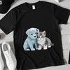 A playful puppy and kitten sitting together on a plain background.