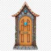 Whimsical Wood Fairy Door A whimsical Fairy Door made from wood with intricate carvings, set against a clear background.