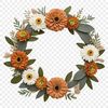 Floral Garland with Greenery Elements A floral wreath composed of various flowers and greenery elements with a transparent background.