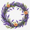 A floral wreath with various flowers arranged in a circular pattern.