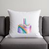 A colorful layered birthday cake with candles on top, suitable for commercial and personal use.