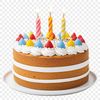 A transparent PNG image of a colorful birthday cake with candles on top.