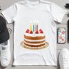 A colorful, layered birthday cake with candles and decorations on a transparent background.