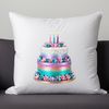 A classic birthday cake with layered frosting and colorful decorations on a transparent background.
