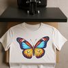 A close-up photograph of a colorful butterfly with intricate details, on a clear transparent background.