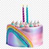 A round birthday cake with candles on top, surrounded by colorful decorations.