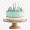 Colorful birthday cake with candles on a clear transparent background.