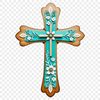 A transparent PNG image of a white cross with intricate floral details.