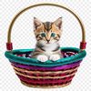 A transparent PNG image of a colorful kitten sitting inside a woven basket.