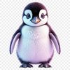 A cute baby penguin standing on a rocky shoreline, with clear blue water in the background.