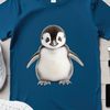 A cute, fluffy penguin chick standing on a clear background.