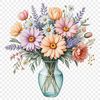 A bouquet of colorful flowers arranged in a decorative shape with a clear transparent background.