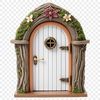 Detailed Fantasy Door Design A transparent high-resolution image of a whimsical fairy door with intricate details.