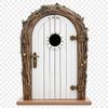 A small, intricate door with a delicate frame and a subtle shine, set against a transparent background.