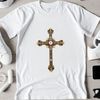 An editable PNG clipart design of a cross featuring a traditional religious symbol.