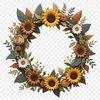 A floral wreath made from sunflowers in high resolution transparent PNG format.