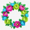 A floral wreath design made up of various flowers in a circular arrangement.