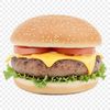 A classic cheeseburger consisting of a round beef patty topped with melted cheese on a sesame seed bun.