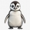A small penguin chick stands on the ice, with a clear blue background.