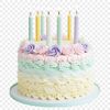 A transparent PNG image of a colorful birthday cake with candles lit.